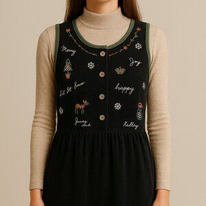 Embroidered Corduroy Mini Dress Black Novelty Quirky Christmas Holiday Teacher M